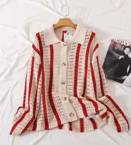 Striped Crochet Knit Cardigan with Lapel Design - Lunara
