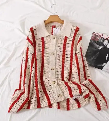 Striped Crochet Knit Cardigan with Lapel Design - Lunara